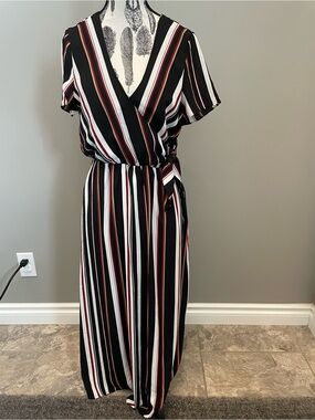 Striped Black Wrap Maxi Dress with Red & White Accents